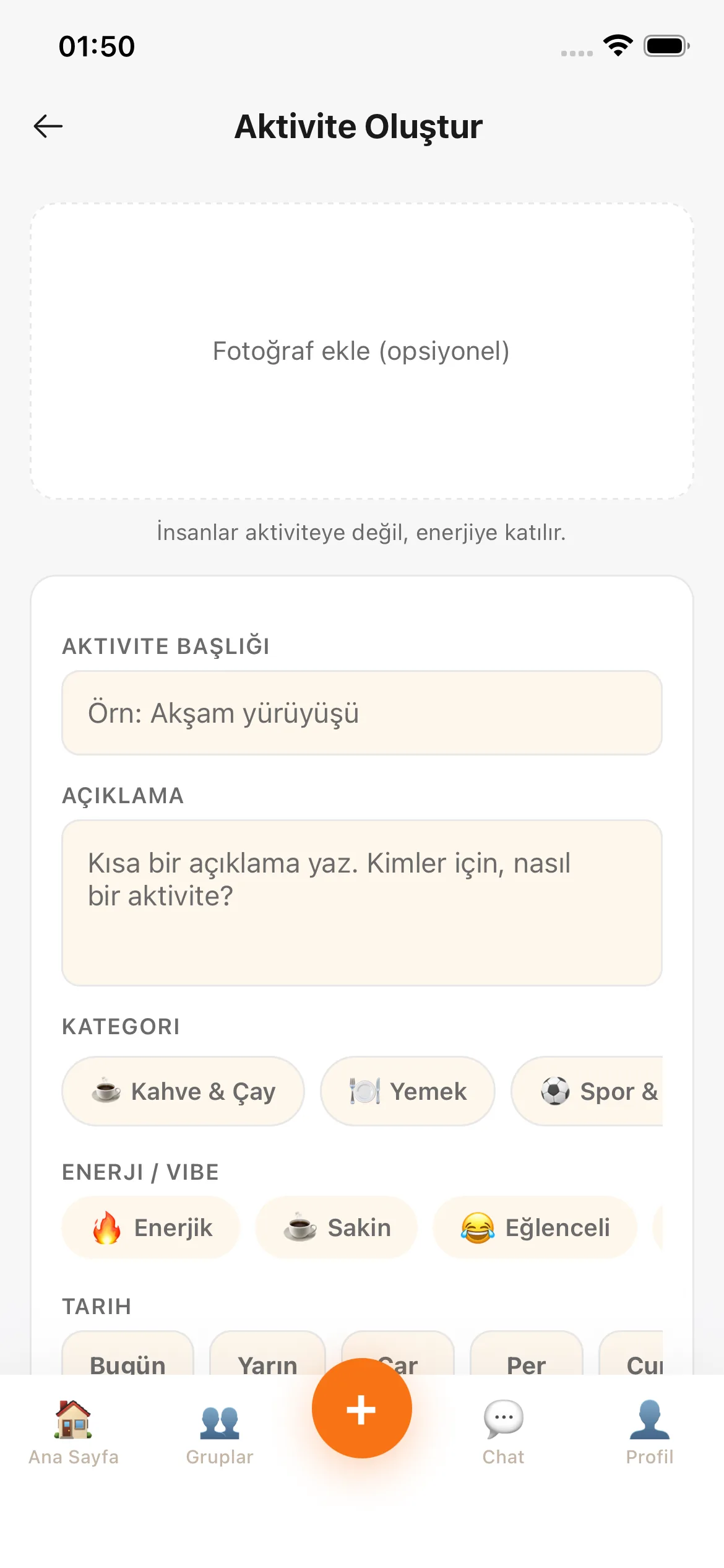 Aktivite oluştur